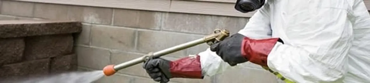 Pest control technician applying exterior insect treatment along a home foundation in St Paul, MN