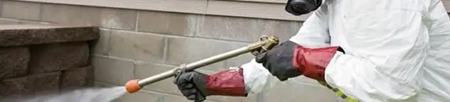 Pest control technician applying exterior insect treatment along a home foundation in St Paul, MN